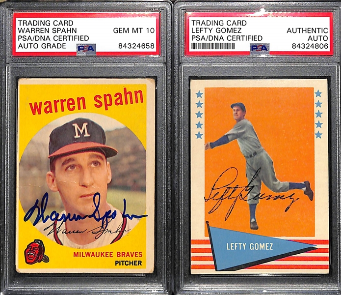(4) Signed Vintage HOFer Baseball Cards - 1959 Spahn, 1961 Fleer Lefty Gomez, 1968 Durocher, 1969 Killebrew (PSA/DNA Encased w. 2 Gem Mint Auto Grades)